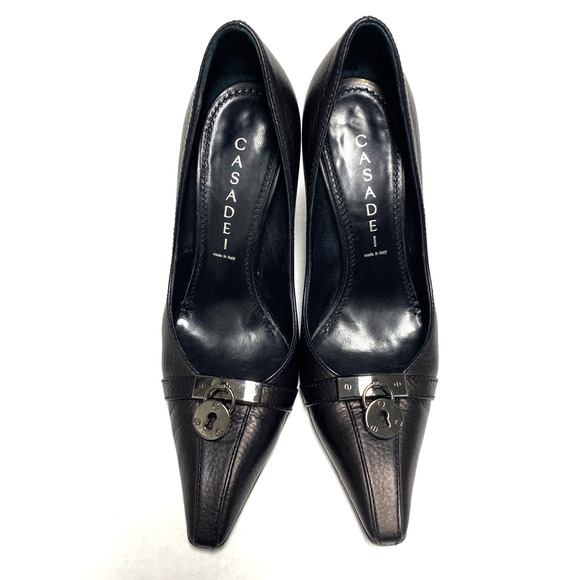 Casadei Pump Black Leather Point Toe Lock Charm Slim Heel Italy Slip On …